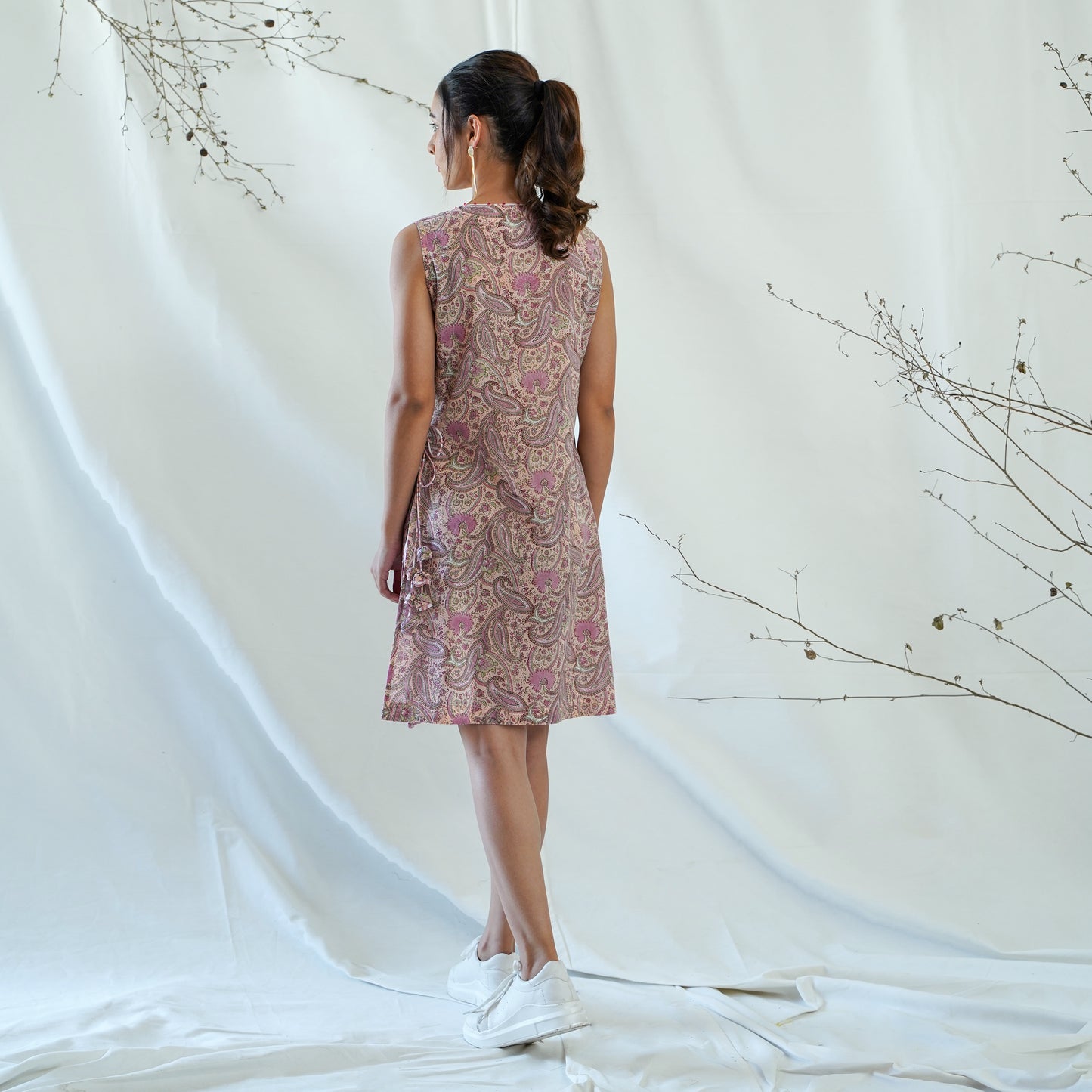 women's cotton short dress in peach handblock print