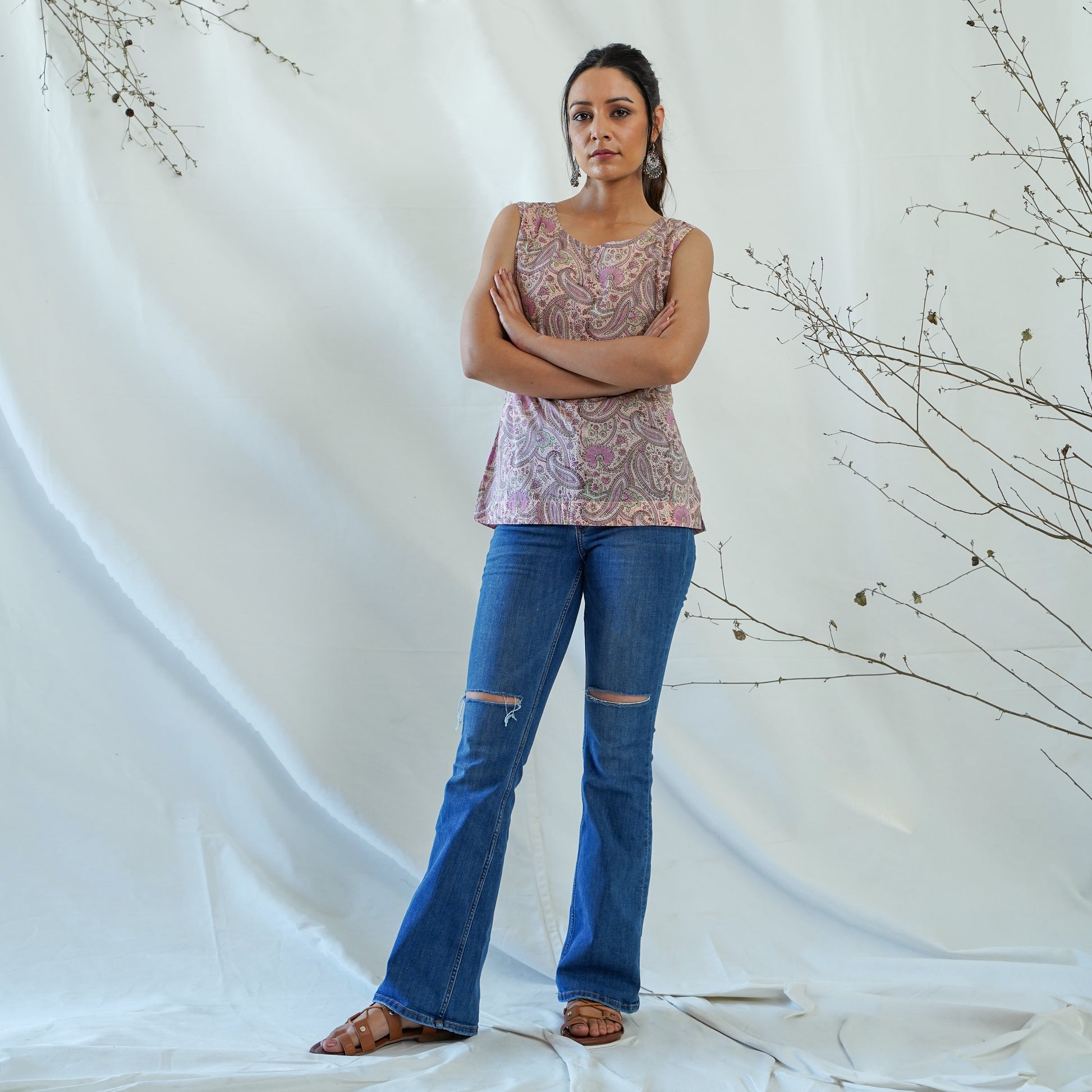 women's cotton short top in peach handblock print