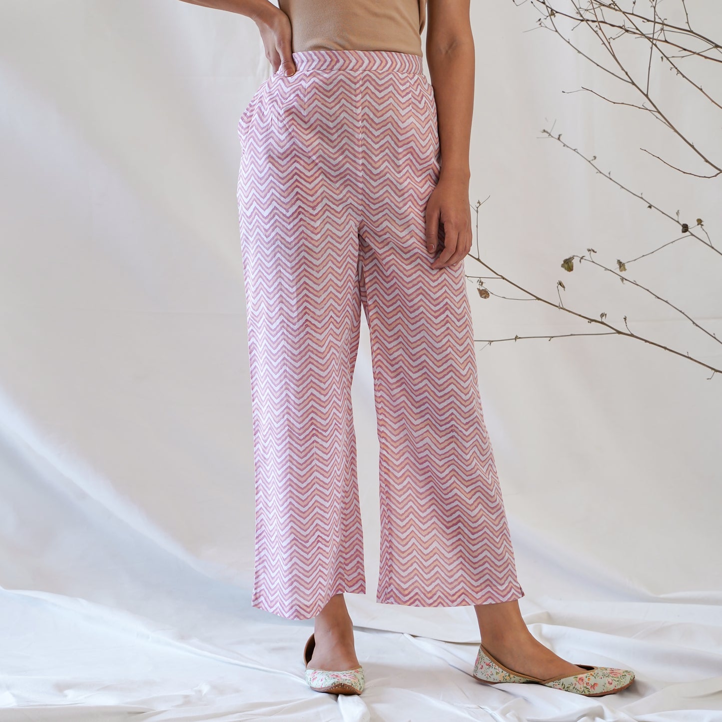 women's cotton pants in pink and white handblock print