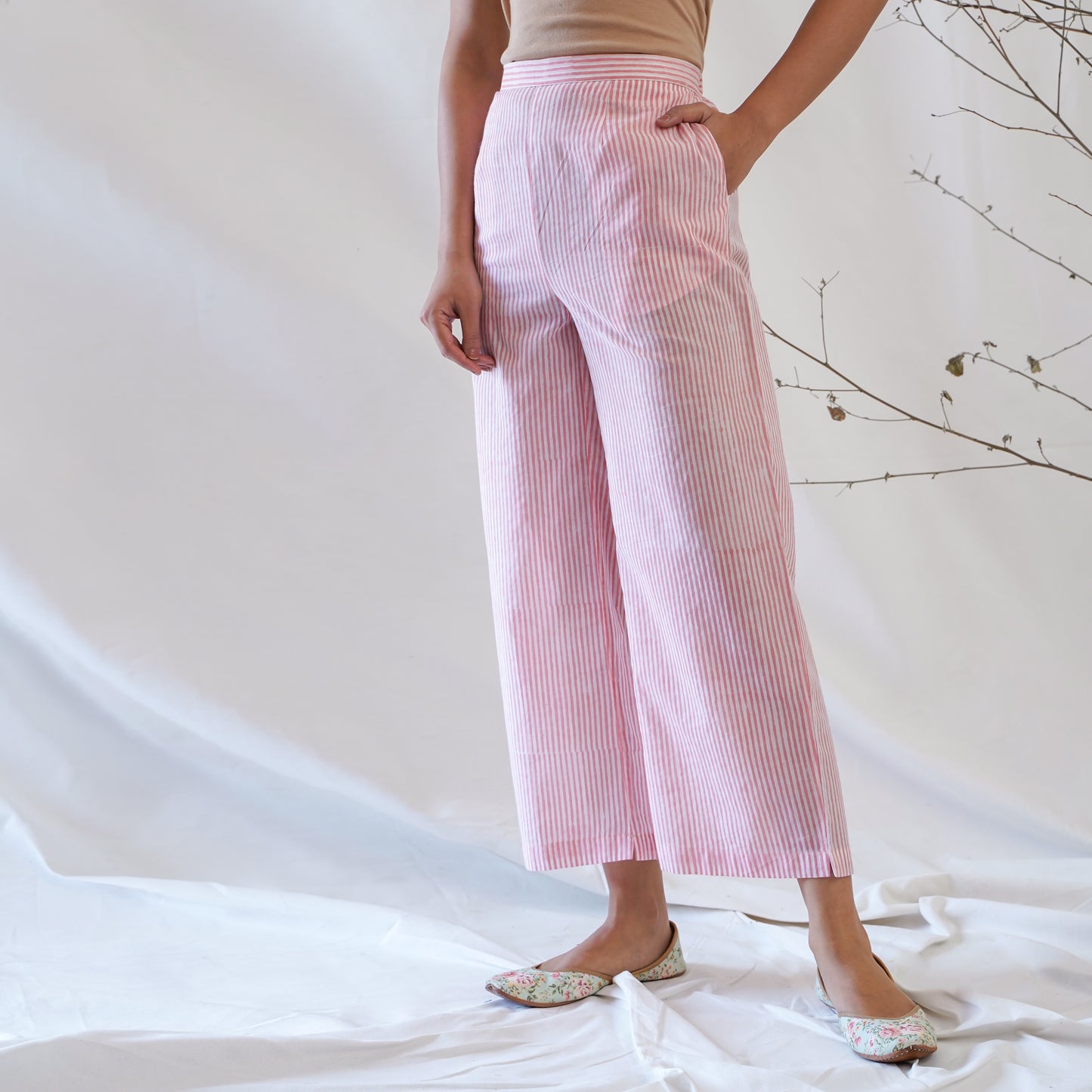 women's cotton pants in pink and white handblock print