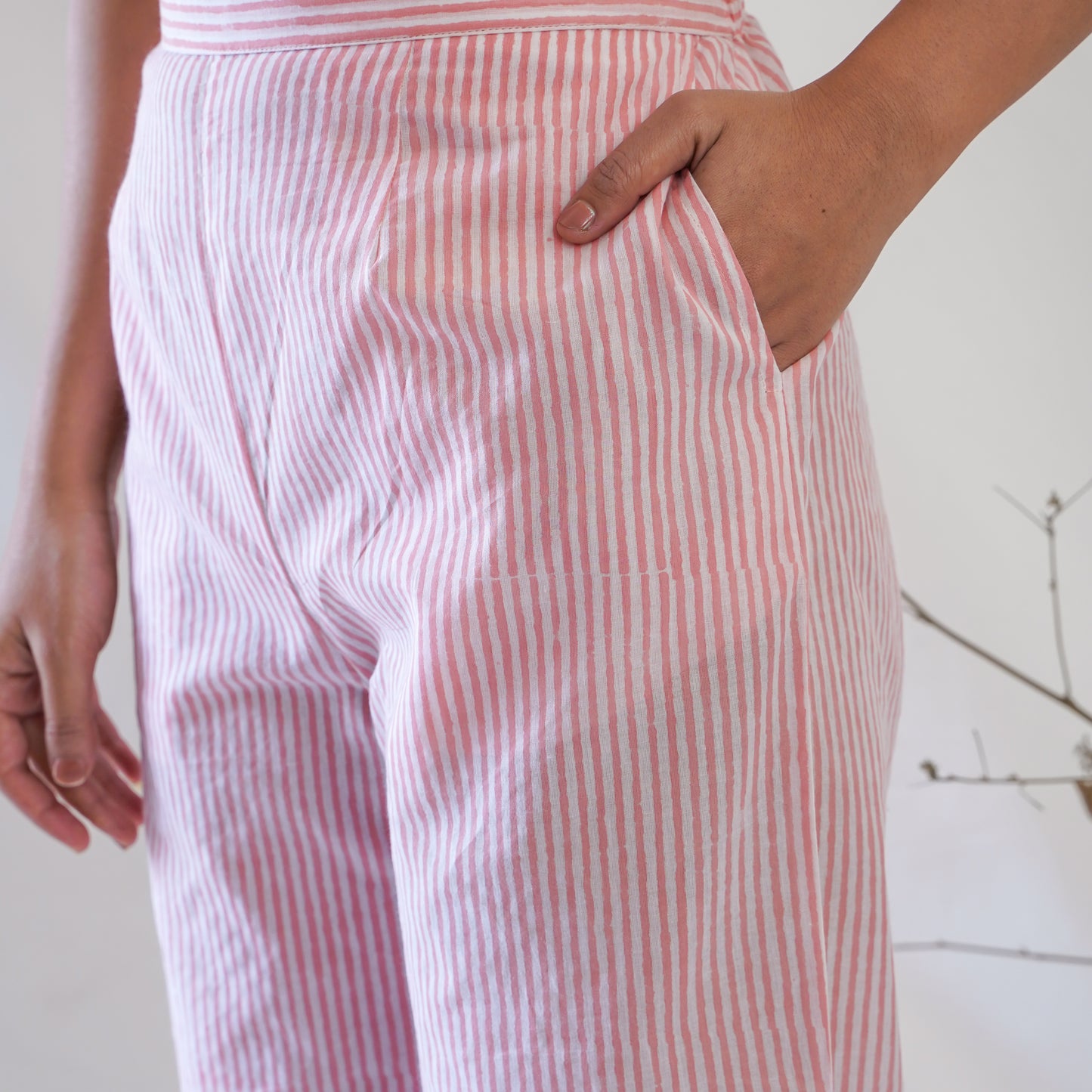women's cotton pants in pink and white handblock print
