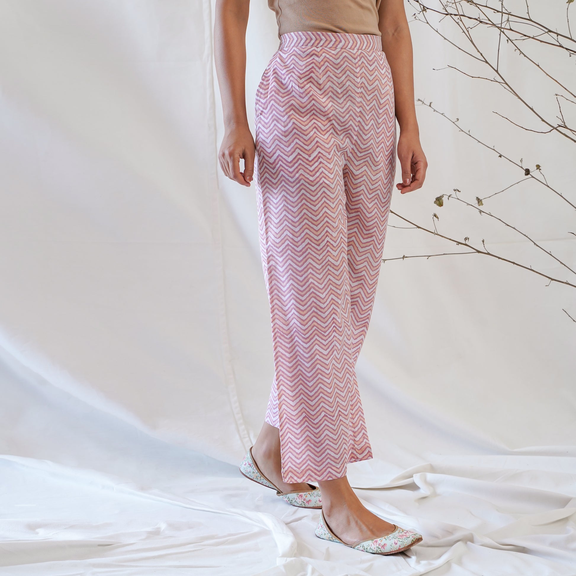 women's cotton pants in pink and white handblock print